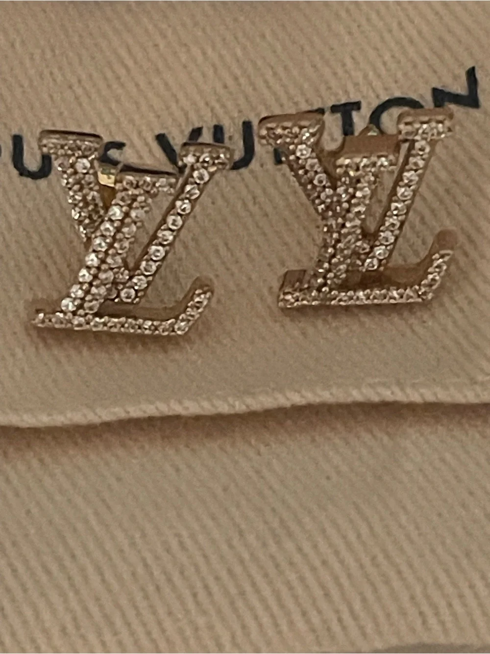 Louis Vuitton Gold Crystal-Embellished LV Logo Stud Earrings